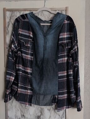 Custom created Plaid Button-Up Shirt with Denim Front Panel - Navy & Gray